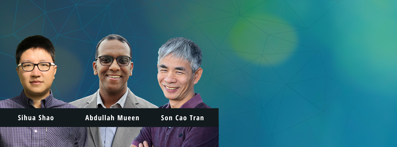 headshots of three men against an abstract background. names underneath